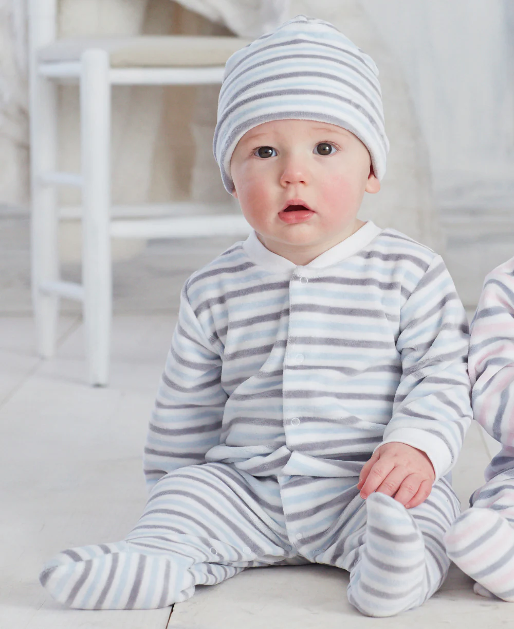 Blue Stripe Velour Footie & Hat Set - Image 3